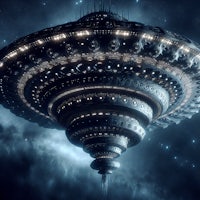 an alien spaceship flying through the night sky